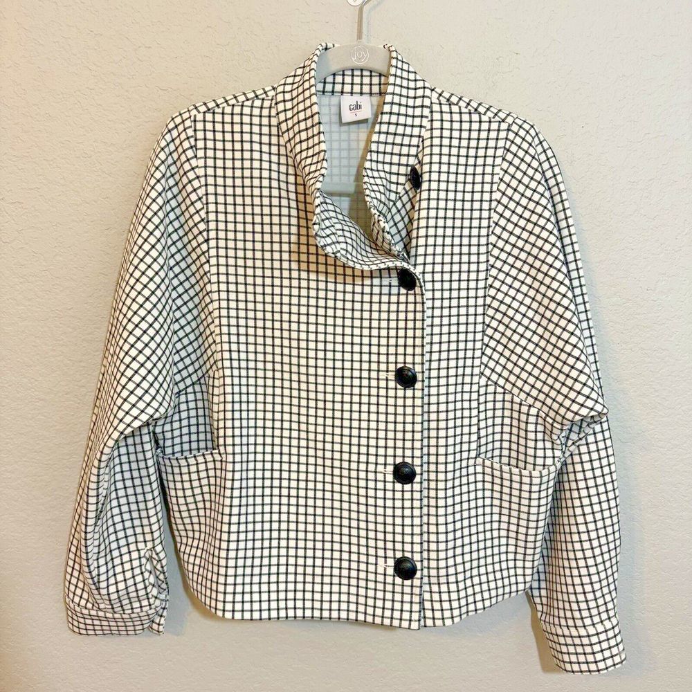 CAbi Windowpane Plaid Button Front Blazer Preppy Academia White Black S #3173